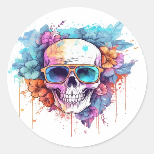 Floral Skull Shades Ronde Sticker (Voorkant)
