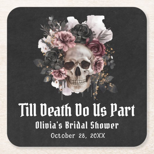 Floral Skull Till Death Do Us Part Vrijgezellenfee Vierkante Kartonnen Onderzetter (Voorkant)
