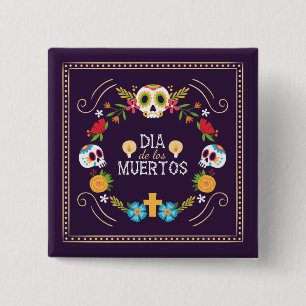 Floral Skulls Dia de Muertos Button