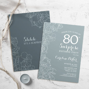 Floral Slate Blue Surprise 80th Birthday Party Kaart