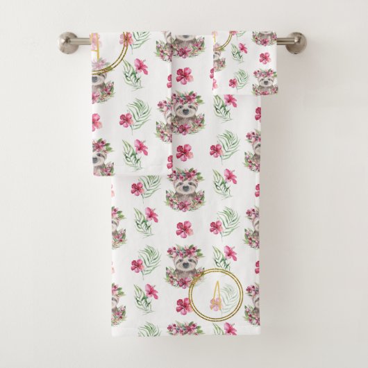 Floral SLOTH Monogram Pattern Girls Nursery Room Bad Handdoek (Insitu)