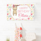 Floral Sloth Verjaardagsfeestbanner Spandoek (Insitu)