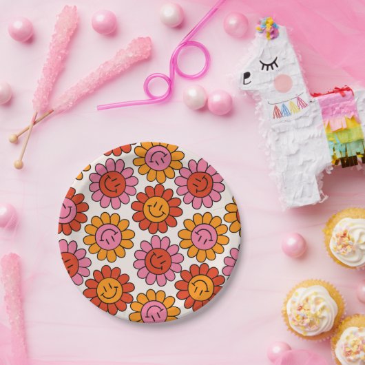Floral Smile 70s Girly Pattern Hippie Papieren Bordje (Feest)