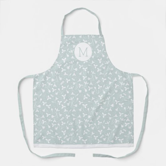 Floral Snowdrop Pattern Monogram. Light Sage Green Schort (Voorkant)