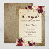 Floral Sparkle Bourgogne Baby shower or Invitation (Devant / Derrière)