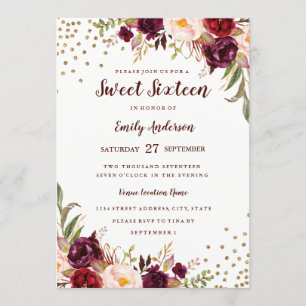 Floral Sparkle Bourgogne Red Sweet Sixteen Uitnodi Kaart