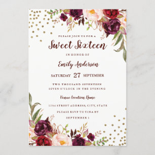 Floral Sparkle Burgundy Red Sweet Sixteen Invite Kaart