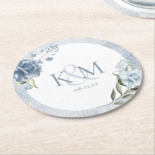 Floral Sparkle Wedding Initialen Dusty Blue ID889 Ronde Kartonnen Onderzetter