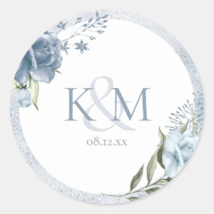 Floral Sparkle Wedding Initialen Dusty Blue ID889 Ronde Sticker