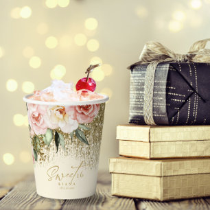 Floral Sparkles Sweet Sixteen Gold ID912 Papieren Bekers