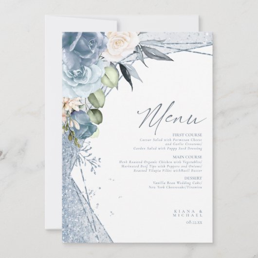 Floral Sparkles Wedding Menu1 Blue ID889 (Voorkant)