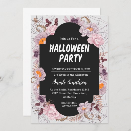 Floral Spiderweb Halloween Party Invitation (Devant / Derrière)