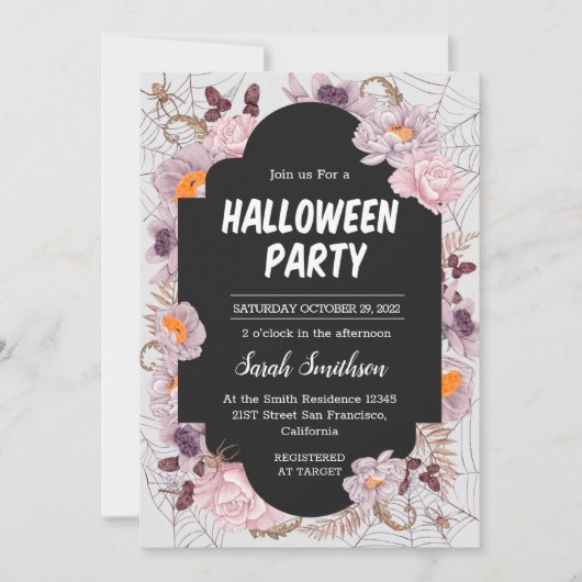 Floral Spiderweb Halloween Party Invitation Kaart (Voorkant)