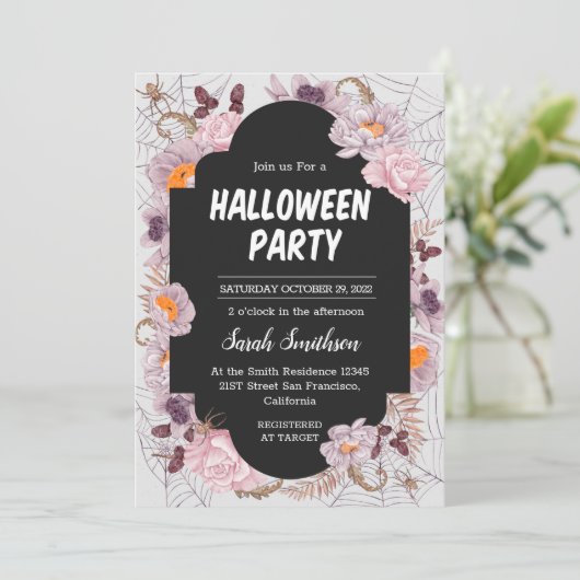 Floral Spiderweb Halloween Party Invitation Kaart (Staand voorkant)