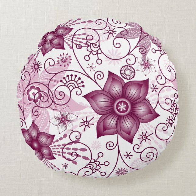 Floral Spiral Pink en White Pattern Sierkussen Rond Kussen (Voorkant)