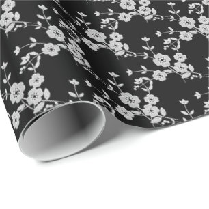 Floral Spray, Style 1-BLACK-WHITE-GIFT WRAP PAPIER