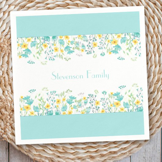 Floral Spring Blauw Geel Wildbloemen Familienaam Servet