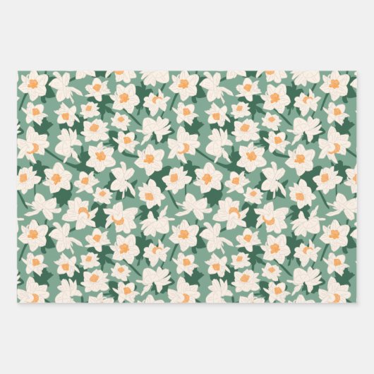 Floral Spring Daffodil | Groen en Sinaasappel Inpakpapier Vel (Voorkant)