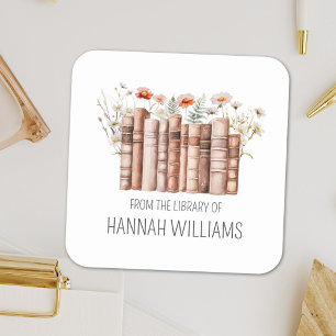 Floral Stack Boek uit de Bibliotheek van Bookplate Vierkante Sticker