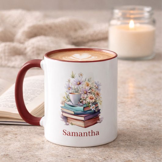 Floral Stacked Books Personalized Burgundy Handle Mok