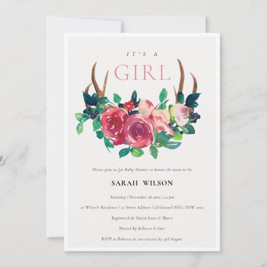 Floral Stag Antlers Het is een meisje Baby shower  Bedankkaart (Voorkant)