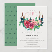 Floral Stag Antlers Het is een meisje Baby shower  Bedankkaart (Voorkant / Achterkant)
