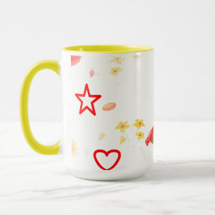 Floral Star & Heart Mug – Bright Sunflower & Red Mok