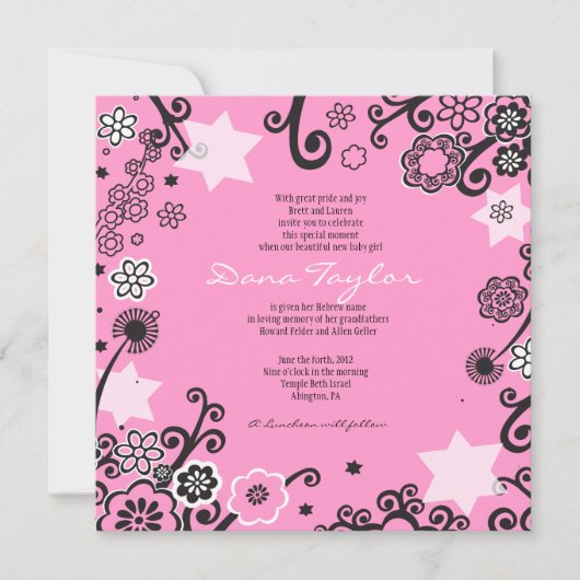 Floral Star Jewish Baby Noaming Invitation Pink Kaart (Voorkant)