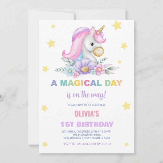 Floral Stars Unicorns Invitations Anniversaire (Devant)