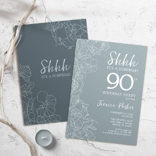 Floral Steel Blue Botanical Surprise 90th Birthday Kaart