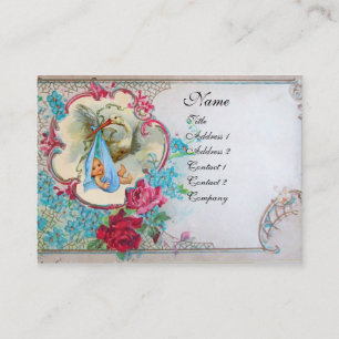 FLORAL STORK BABY SHOWER MET ROZEN MONOGRAM VISITEKAARTJE