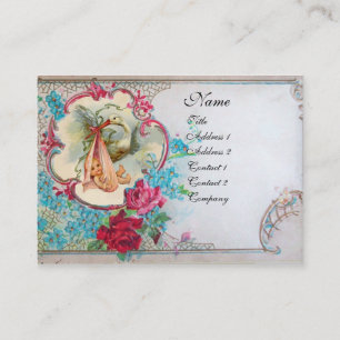 FLORAL STORK BABY SHOWER MET ROZEN MONOGRAM VISITEKAARTJE