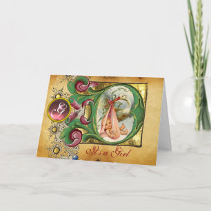 FLORAL STORK GIRL BABY SHOWER PINK GEM MONOGRAM