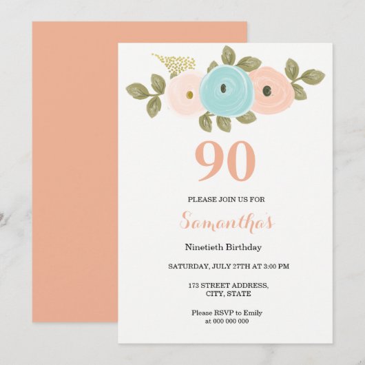 Floral  strand 90th Birthday Invitation Kaart (Voorkant / Achterkant)