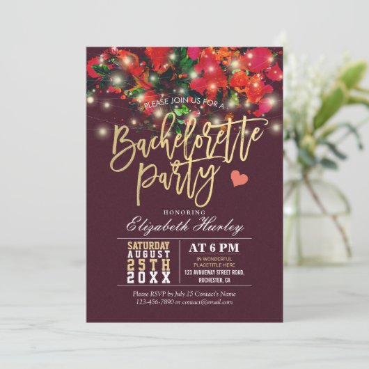 Floral String Light Gold Script Bachelorette Party Kaart (Staand voorkant)