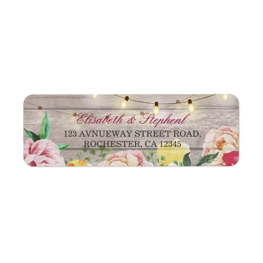  Floral String Lights Rustic Wood Wedding Etiket (Voorkant)