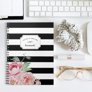 Floral Stripe Black & White Peony Notitieboek