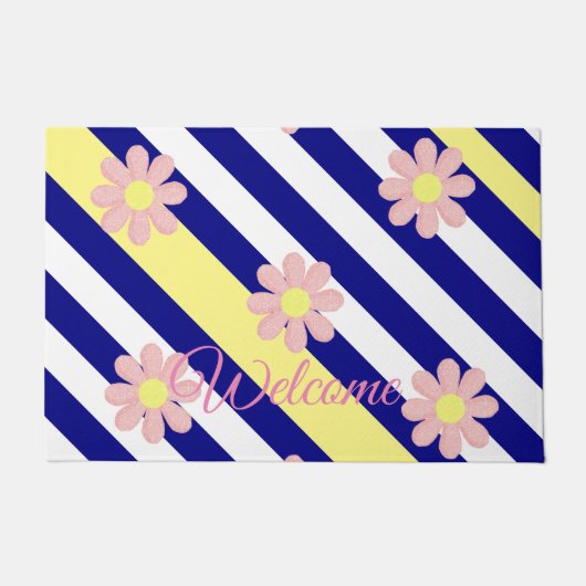 Floral Stripe Blue Pink Flowers Deurmat (Voorkant)