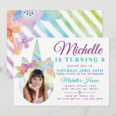 Floral & Stripe Unicorn Foto Birthday Uitnodiging (Voorkant / Achterkant)