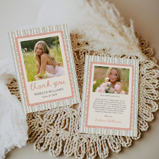 Floral Stripes Vintage Retro Graduation Photo Bedankkaart