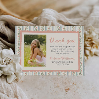 Floral Stripes Vintage Retro Graduation Photo Bedankkaart