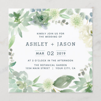 Floral Succulents Square Wedding Invitation Kaart