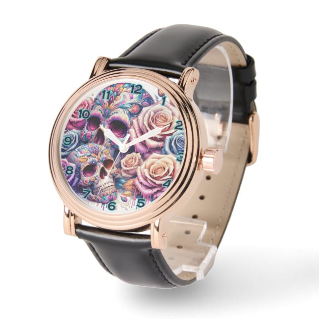 Floral Sugar Skull Horloge (Hoek)