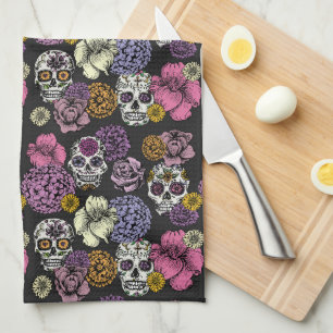 Floral Sugar Skulls Dia de los Muertos Theedoek