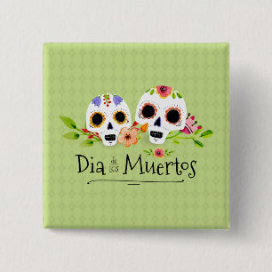 Floral Sugar Skulls Dia de Muertos Button