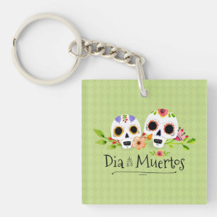 Floral Sugar Skulls Dia de Muertos   Button Sleute Sleutelhanger