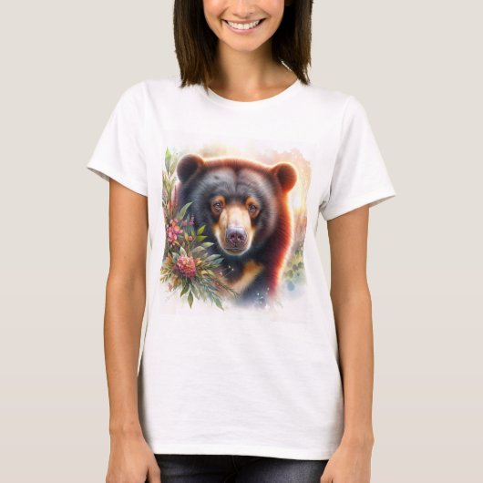 Floral Sun Bear Watercolor Illustration T-Shirt (Devant)