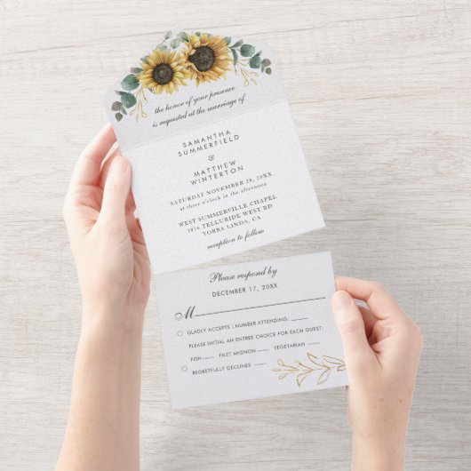 Floral Sunflower Eucalyptus Greenery Wedding All In One Uitnodiging (Afscheurbaar)