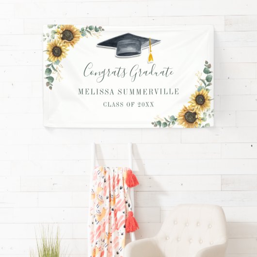 Floral Sunflower Eucalyptus Script Afstuderen Spandoek (Insitu)