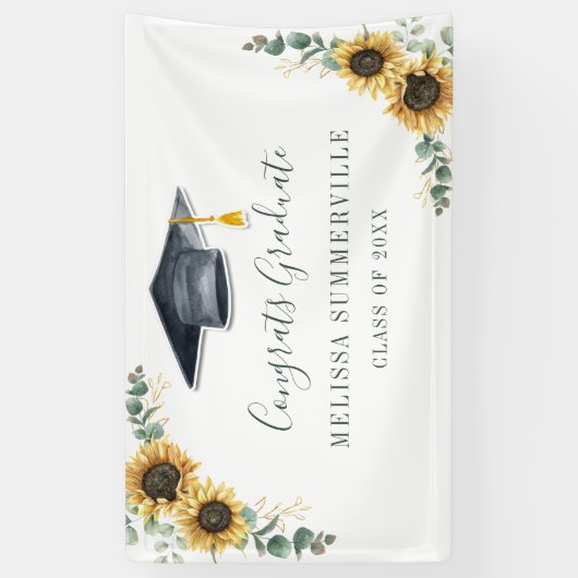 Floral Sunflower Eucalyptus Script Afstuderen Spandoek (Verticaal)